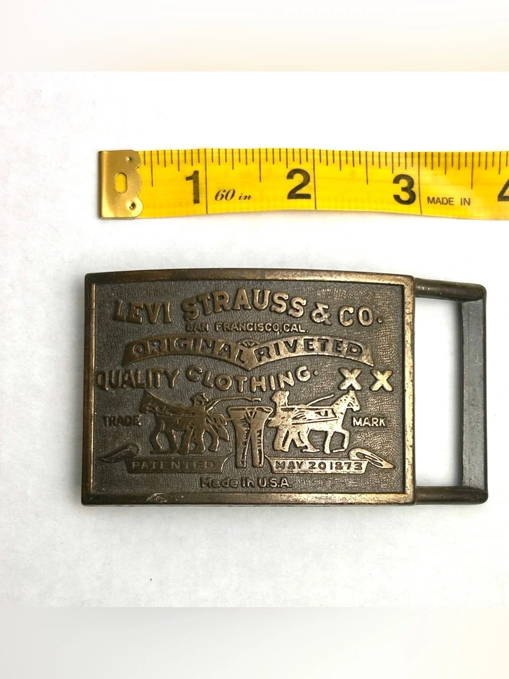 Vintage Levi Strauss Original Riveted XX Brass Belt Buckle Two Horse Western